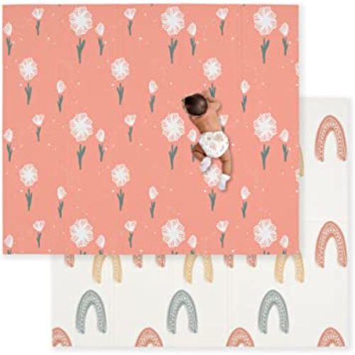 JumpOff Jo Baby Play Mat - Large Folding Foam Play Mat for Infants, Babies, Toddlers, Waterproof, Double-Sided (70" x 59") - Flower Power