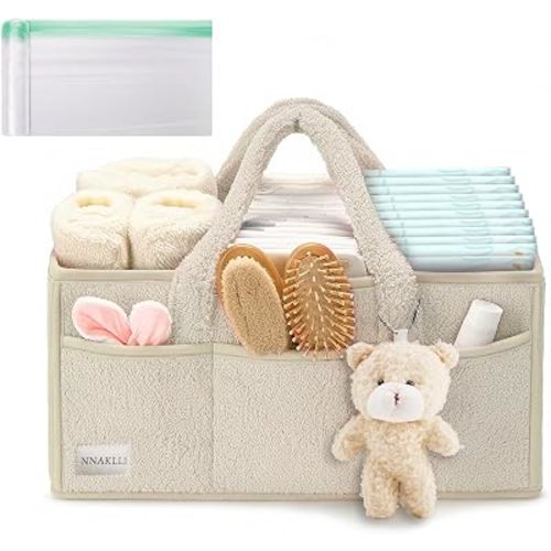 Baby Nappy Diaper Caddy Organizer, Baby Storage Basket for Diapers Wipes,Car Nursery Organizer Diaper Bag Gift Accessories, Portable Tote Bag, with A Bear and 20pc of Disposable Diaper Bags (Beige)