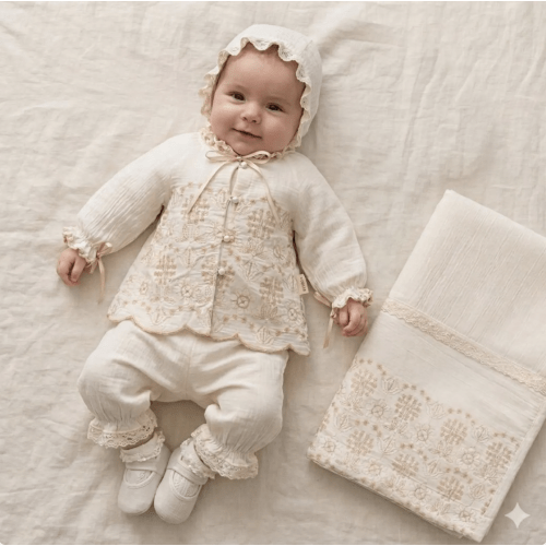 Baby Girl Heirloom Coming Home Outfit, Lace Embroidered Ivory Set (0-3 Months)