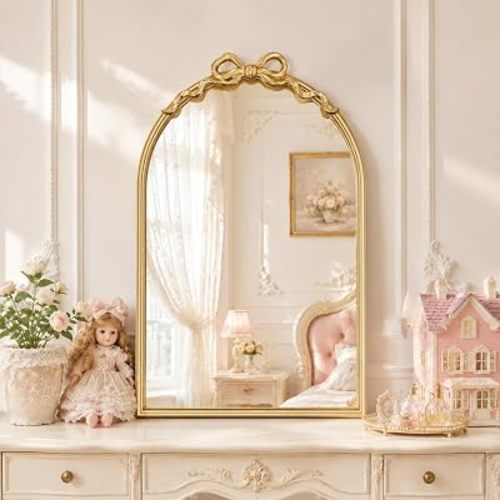 CozyDH Vintage Gold Arched Bow Mirror Decor - 25"X16" Decorative Arch Wall Mirror with Metal Frame for Nursery Girl, Entryway, Fireplace, Mantel, Bathroom Vanity, Living Room, Hallway, Dinning Room