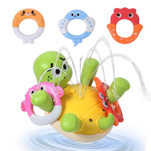 Baby Bath Toys with Spraying Turtle & 5 Rings - Rechargeable Toddler Bathtub Toy for 6M+ to 5 Years, Waterproof Bath Fountain Toy, Mold-Free Baby Shower Gift