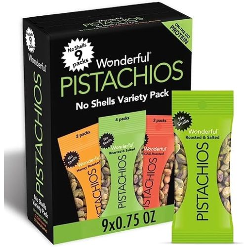 Wonderful Pistachios No Shells, 3 Flavors Mixed Variety Pack of 9 (0.75 Ounce), Roasted & Salted Nuts (4), Chili (3), Honey (2), Protein Snacks, Gluten Free, Healthy Snacks Variety Pack for Adults, Stocking Stuffers