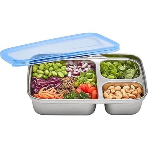 U Konserve Stainless Steel Rectangle Divided 3 Section Food Storage Bento Box Container, Leak Proof Silicone Lid Dishwasher Safe - Plastic Free, (24oz Cosmic Blue)
