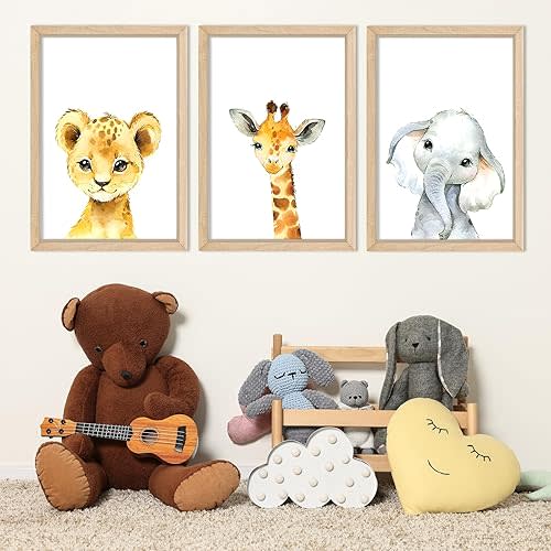YWJKWLGS Baby Safari Nursery Wall Decor 16"x24" Set of 3 Cute Animal Giraffe Elephant Lion Prints Sign Wood Framed for Children's Room Wall Art (Wood)