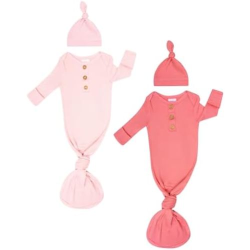 Newborn Knotted Sleep Gown with Hat, Soft Baby Nightgown with Mitten Cuffs, Hospital & Coming Home Outfit