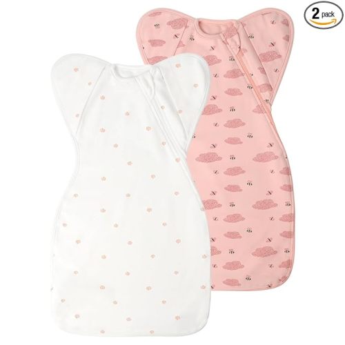 Premium Soft Cotton Swaddle Blanket Sleep Sack Arms Up Design 2 Packs 3-6 Months, Hands Up 3-Way Transitions to Arms-Free Wearable Sleeping Sack Bag for Baby Boys Girls Snug Fit Calms Startle Reflex