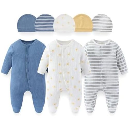 8 Pack Unisex Baby Boy Girl Footed One-piece Outfit Infant Hats 0-12months Comfort New Born Romper Clothes