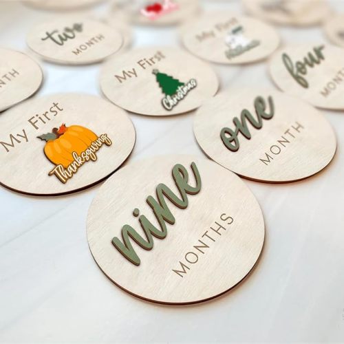 Monthly Baby Milestone Maker Discs, Baby Milestone Signs for Newborn Baby, Hello World Newborn Sign for Girl & Boy, Baby Announcement Sign for 1-12 Month, Milestone Wooden Circles (Sage)