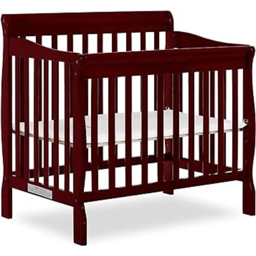 Dream On Me Aden 4-in-1 Convertible Mini Baby Crib in Cherry, GreenGuard Gold & JPMA, Sustainable Pinewood, Non-Toxic Finish, 3 Mattress Heights, Converts to Mini Day & Twin-Size Bed