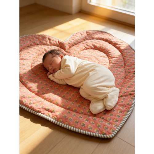Heart Shaped Baby Play Mat, Floral, Padded Cotton, Pet Mat / Stripe Piped Edge