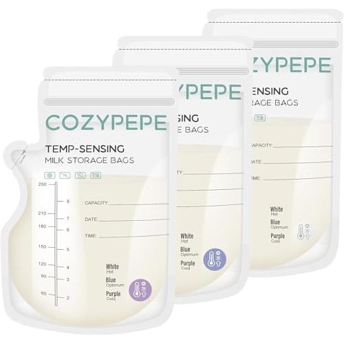 Cozypepe 200 Pcs Breastmilk Storage Bags, 8oz Breast Milk Storing Bag with Pour Spout, Temperature-Sensing Color Change Milk Bag for Convenient Breastfeeding, No Leak Presterilized for Freezer