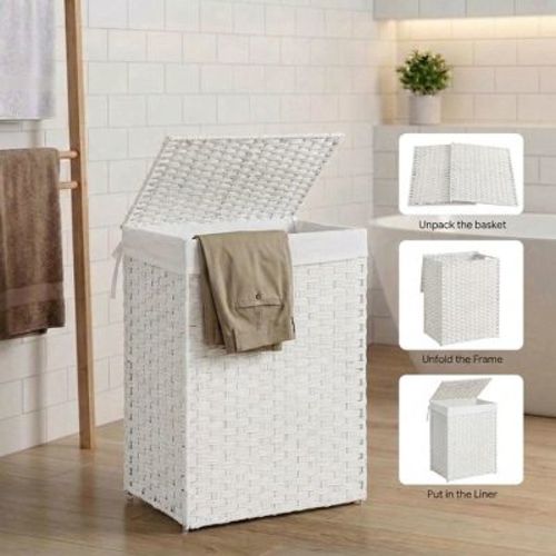 SONGMICS 23.8 Gal (90L) Laundry Hamper Laundry Basket with Lid and Handles Wicker hamper White