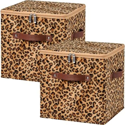 2PCS Storage Cubes with Zipper Lid 11 Inch Leopard Print Velvet Fabric Cute Decorative Storage Bins Boxes PU Leather Handles Closet Organizer Container Foldable Washable Shelf Basket