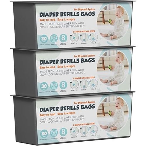 Diaper Pail Refills Bags with 30 Bags (Baby Powder Scent) Compatible with Genie Easy Roll Signature and Platinum Diaper Pails, 7-Layer Odor-Barrier Technology 3 Pack (90 Bag)