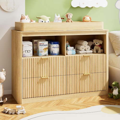 ANPOO Fluted Changing Table Dresser, 2-in-1 Convertible Baby Changing Station with Capacity Changing Tray, Removable Topper, Nursery Dresser with 4 Drawers & Open Storage, Anti-Tipping Device