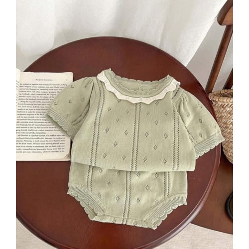 Baby Girl's New Forest Style Hollow Out Knitted Short Sleeve Sweater And Shorts Set | SHEIN USA