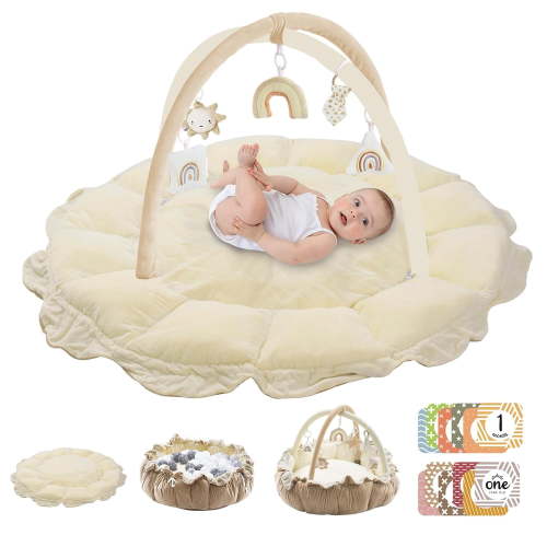 5-in-1 Convertible Baby Play Gym with 6 Toys, Tummy Time Mat for Sensory Development, Baby Activity Center from Newborn to Toddler, Ball Pit, Cat & Dog Bed, Soft Plush Pet Bed, No Ball Included Cream