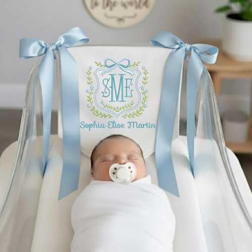 Personalized Baby Boy Banner, Embroidered Floral Crest, Satin Bows