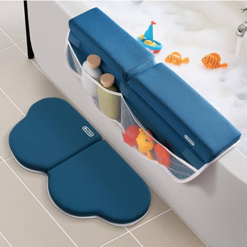 Roslim Bath Kneeler and Elbow Rest Pad Set - Non-Slip Knee& Arm Support Bathtub Mat with Organizer Pockets, Quick Drying, Foldable, Non-Slip Kneeling Pad for Parents, Blue
