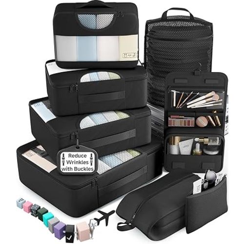 Veken 10 Set/8 Set Packing Cubes for Travel Essentials, Suitcase Organizer Bags in 4 Sizes, Carry-On Luggage Accessories with Laundry Bag & Passport Holder, Airplane Must Have, Camp Gifts for Men