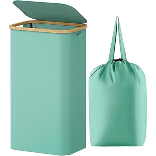 Lifewit 100L Laundry Basket with Lid, Clothes Hampers for Laundry with Bamboo Handles and 1 Removable Bag, Large Foldable Laundry Hamper for Bedroom, Bathroom, Dorm, Laundry Room, Sage Green