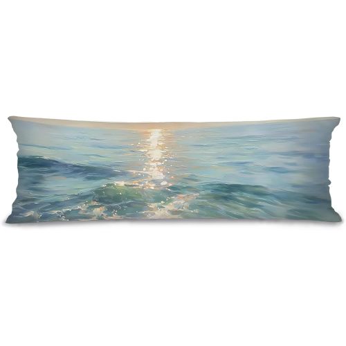 111 Blue Ocean Beach Body Pillow Cover Double Sided 20x54, Beach Ocean Lover Gifts, Muted Pale Blue Coastal Seascape Long Body Pillow Cases for Bed Couch Decor