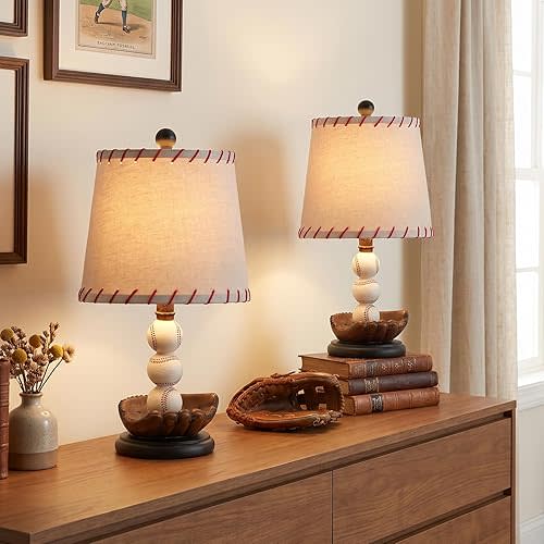Crestview Collection Set of 2 19.75" H Resin Baseball Table Lamps with Tan Fabric Shade, Stacked Baseball Base, Sports-Themed Bedroom or Kid's Room Decor