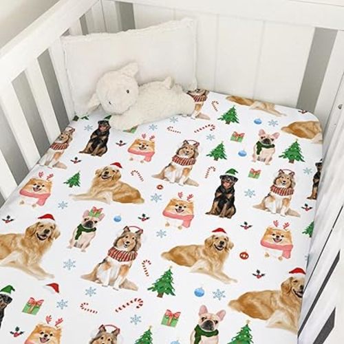 Elite Meri Christmas 52''x28'' Fitted Crib Sheets for Boy Girl - Dogs Lover Gift with Dogs Trees Pattern