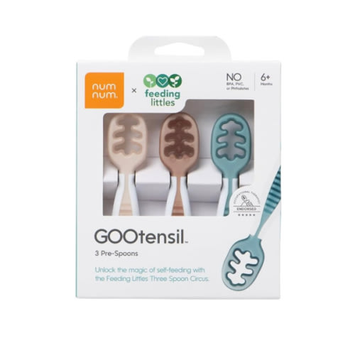 NumNum Baby Spoons Set, Feeding Littles x Silicone Pre-Spoon GOOtensils for Baby Led Weaning, Self-Feeding & Teething, First Stage Toddler Utensils for Ages 6+ Months, 3-Pack, BPA-Free (Neutrals)