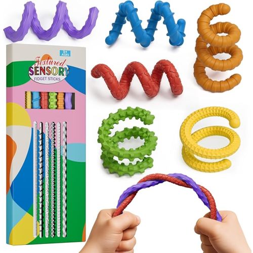 Flexible Sensory Fidget Sticks for Kids,6PCS Sensory Fidget Toys for Stress Anxiety Autistic ADHD,Calm Down Travel Airplane Essentials Toys,Stuffers Gifts for Teens Boys Girls