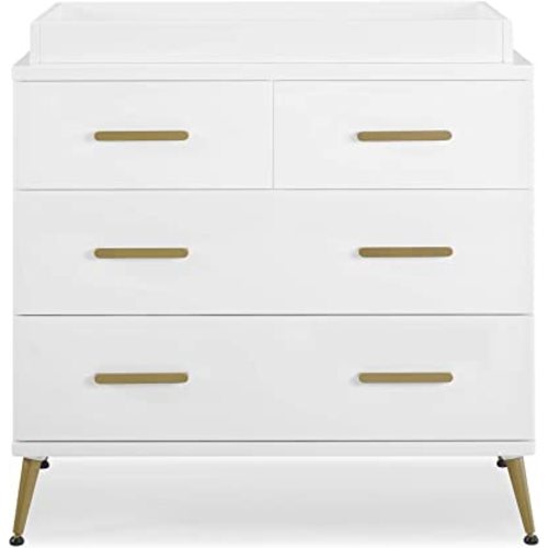 Delta Children Sloane 4 Drawer Dresser with Changing Top, Bianca White w/Melted Bronze