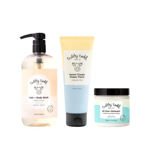 Tubby Todd Baby Bundle Newborn Skin Care Set | Hypoallergenic Hair + Body Wash, All Over Ointment Sweet Cheeks Diaper Paste, Full Size, Fragrance Free