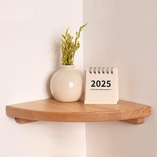 Floating Corner Shelves Oak 8", Solid Oak Wall Mounted Wooden Display Storage Rack with Wire Hole for Plants, Photos, Speakers, Bedroom, Kitchen, Living Room Décor - 1-Pack