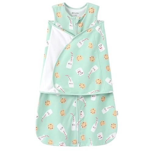PATPAT Cotton Swaddle for Newborns, Soft Baby Wearable Blanket, Quiet Hook & Loop Closure, Easy Transition Design, 2-Way Zipper for Easy Diaper Changes, 0.5 TOG, Milk & Cookies, 0-3 Months