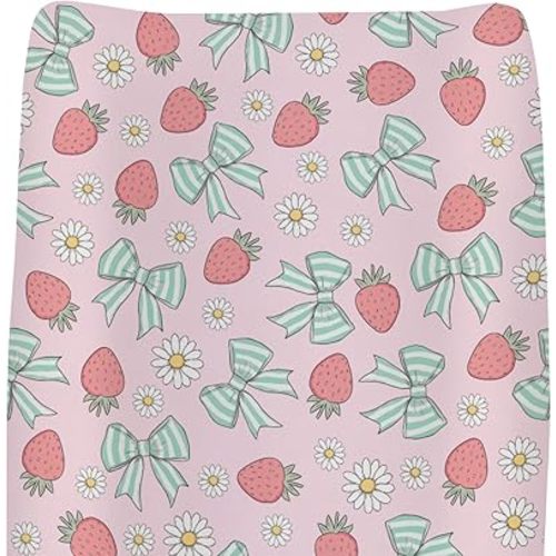 Pink Strawberry Green Bows Daisy Baby Changing Pad Covers for Boys Girls Pastel Strawberries Bows Fitted Change Table Pad Covers Mats Cute Summer Fruit Soft Diaper Change Table Sheets 32''×16''