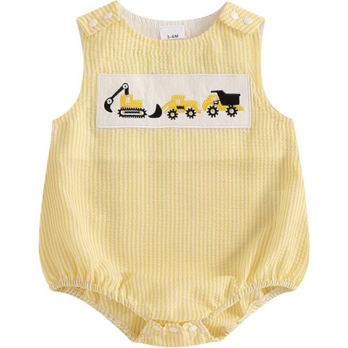 Newborn Baby Boy Construction Clothes Excavator Embroidery Sleeveless Seersucker Bubble Romper Bodysuit Summer Outfit