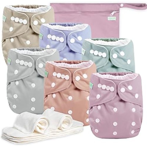 wegreeco Cloth Diapers 6 Pack with 6 Inserts & 1 Wet Bag, Washable Cloth Diapers for Babies, One Size Adjustable Reusable (Dreamy Pink and Purple)