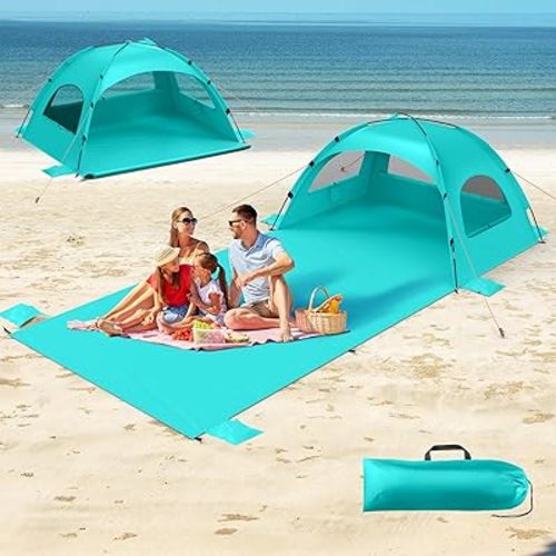 Beach Tent Sun Shelter with Extended Sand Mat 114×82inch，UPF 50+ Protection, 3 Double-Layer Windows for Enhanced Privacy; Portable Beach Shade, 3-4 People. Windproof and Waterproof