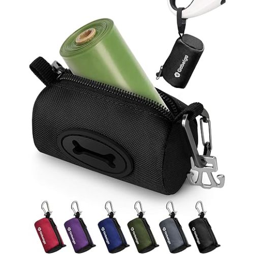 Gobeigo Dog Poop Bag Holder for Leash, Large Opening for Easy Pull Out, Doggy Poo Bag Dispenser with Used Waste Bag Carrier Suitable for Any Retractable Leash with 15 Unscented Bags (Black)