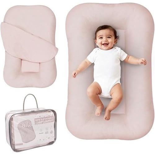 Aila + Aiden Baby Lounger | Organic Cotton Infant Lounger | Adjustable & Portable Floor Lounger | Supervised Use | Soft, Breathable, Washable Cover - Snuggle Collection - (Pink)