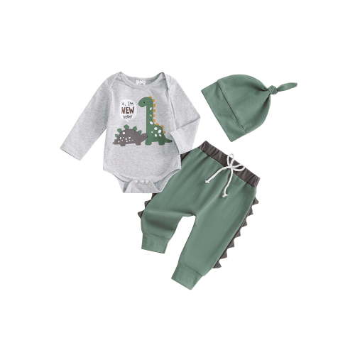 Hirigin Newborn Baby Boy Coming Home Outfit Hello I'm New Here Long Sleeve Romper Dinosaur Print Pants Hat 3Pcs Clothes Set