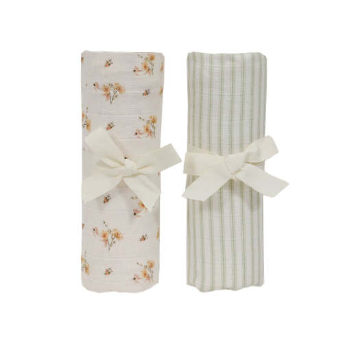 Muslin Swaddle Blanket - Dainty Floral & Sea Moss Stripe
