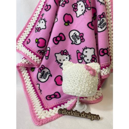 Baby Gift Set:  Baby blanket with crochet boarder and coordinating hat.  Hello Kitty themed nursery or baby shower gift.