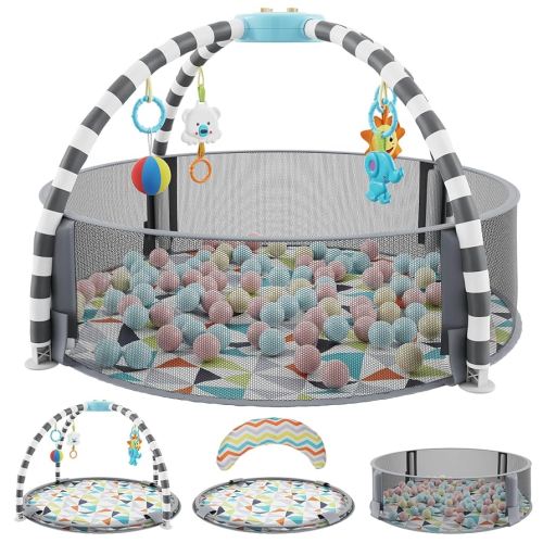 5 in 1 Baby Play Gym and Ball Pit - Activity Gym with 6 Toys, Balls, Tummy Time Pillow Play Mat - Easy to Set Up Baby Activity Mat