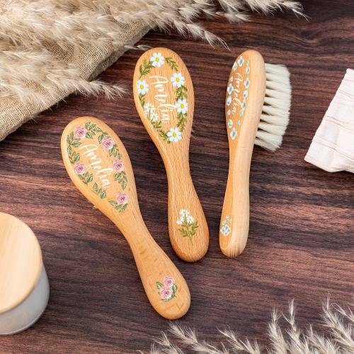 Personalised Birth Flower Wooden Hair Brush,Custom Baby Brush,Christening Keepsake,Bridesmaid Hair Brush,Christening Gift,Flower Girl Gift