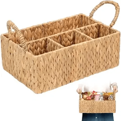 Divided Baskets with Handles, Storage Basket Natural for Organizing Bathroom Kitchen Shelves Office Supplies Organization, Wicker Storage Baskets 4 Section (1, Light Brown)