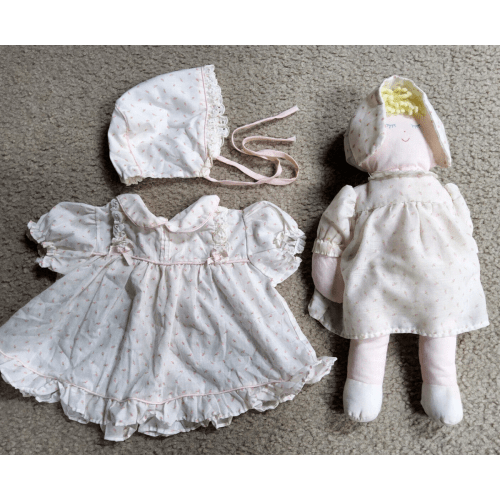 Vintage 1980s Dress Bonnet Baby Girl 0-6 months? & doll white pink roses