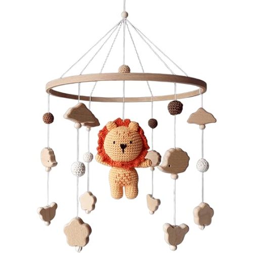 Safari Baby Mobile with Crochet Lion – Jungle Nursery Decor – Wooden Animal Beads Mobile – Gender Neutral Crib Mobile – Handmade Baby Gift – Boho Woodland Nursery