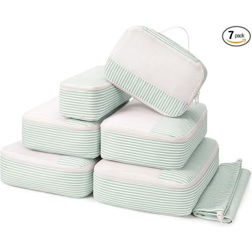 Narwey 7 Set Striped Packing Cubes for Travel Carry on Suitcase, Durable Packing Organizers Bag for Kids Women Men, Duffle Bags Backpack Travel Essentials Accessories (Mint Green Stripe)