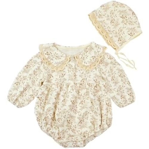Baby Girl Floral Romper Lace Peter Pan Collar Bodysuit with Bonnet Newborn Cotton Jumpsuit One Piece Outfit